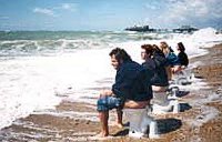 men on toilets adding to the sewage that has been dumped into the sea!